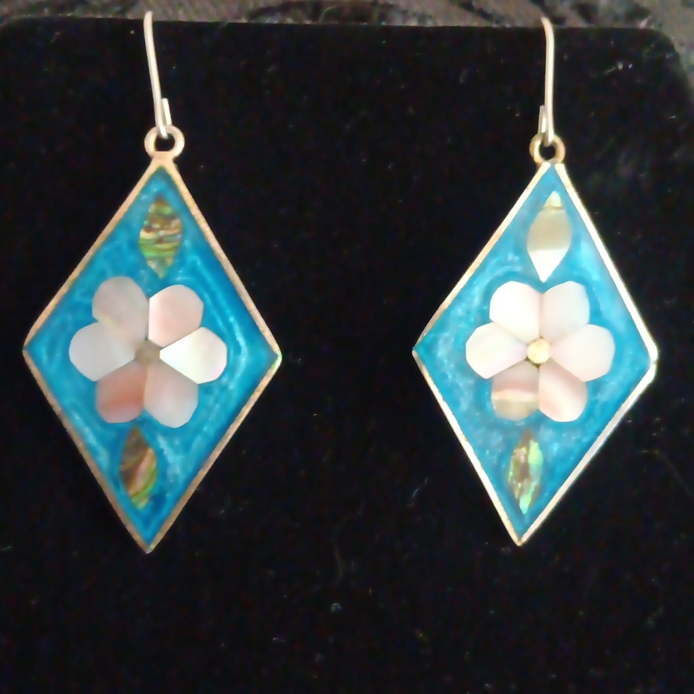 Mexico Vintage Blue and White Floral Abalone Earrings